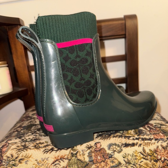 Coach Rainie Signature Sock Rain Boots Green Pink Logo Size 8 - Picture 10 of 15